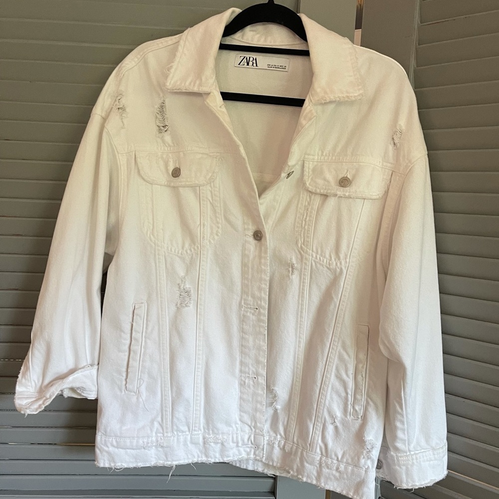ZARA White Distressed Denim Jacket
